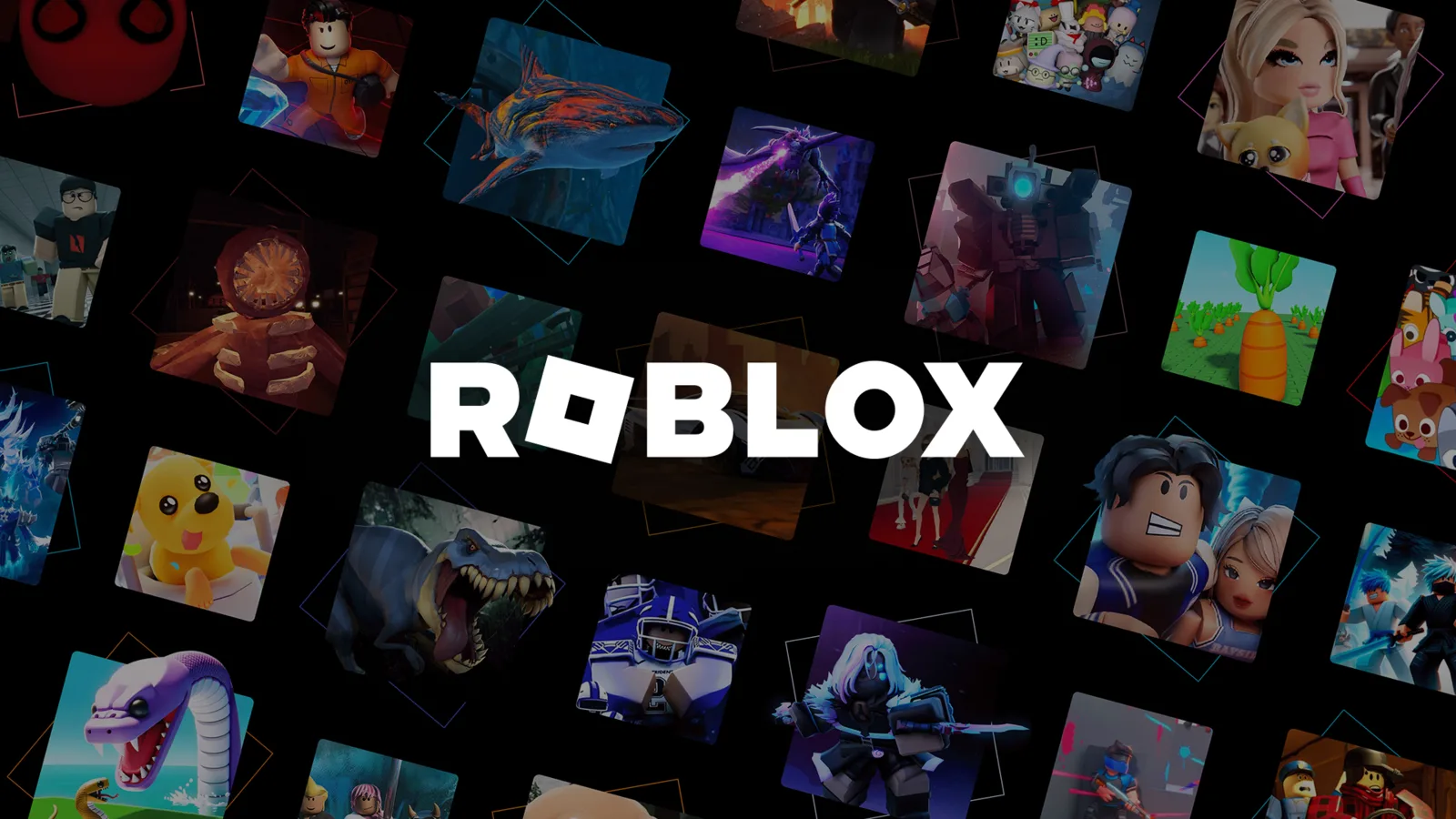 Logotipo de Roblox sobre una cuadrícula de imágenes de sus juegos