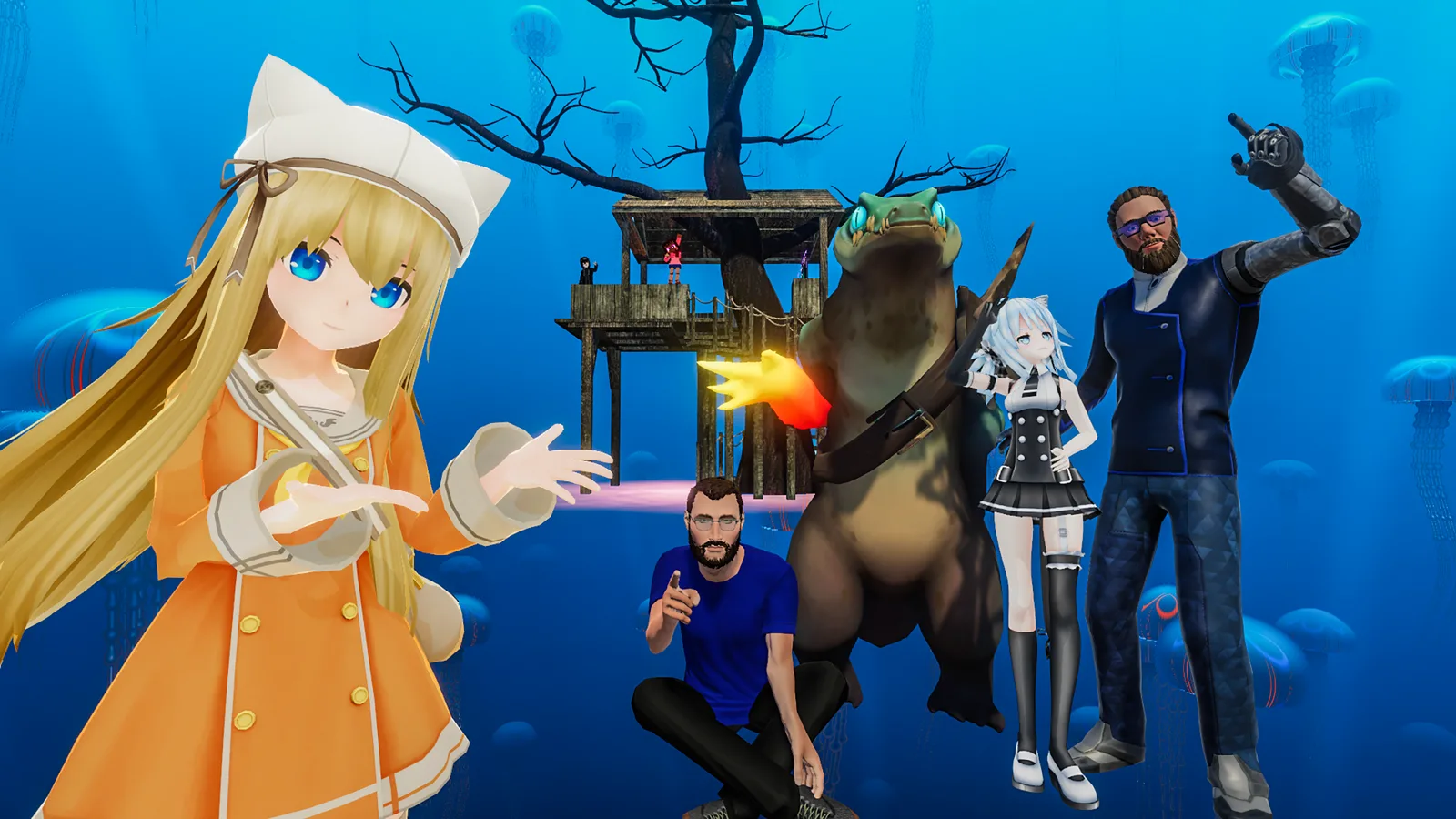 Grupo de avatares muy distintos posando en un mundo submarino de VRChat